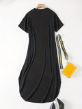 Chic Crew Neck T-shirt Dress - Casual Long-Length with Asymmetrical Hem, Soft Cotton Blend, Perfect for All Seasons