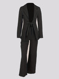 Two-piece Set, Long Sleeve Tie Front Blazer & Tailored Pants Outfits, Casual Solid Women's Clothing