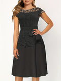 Elegant Lace Contrast Dresses, Cap Sleeve Crew Neck A Line Dresses With Belted, Women's Clothing