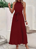 Solid Pleated Dress, Elegant Sleeveless Knotted Maxi Dress, Women's Clothing