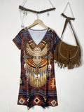 Aztec Print Dress, Vintage V Neck Short Sleeve Western Style Dress, Women's Clothing