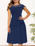 Elegant Lace Contrast Dresses, Cap Sleeve Crew Neck A Line Dresses With Belted, Women's Clothing