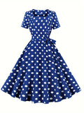 Vibrant Polka Dot A-Line Dress - Elegant Square Neck, Short Sleeve, Micro Elastic Polyester Fabric, Belted, Machine Washable, Random Print, All-Season Party Dress for Women