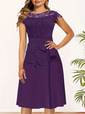 Elegant Lace Contrast Dresses, Cap Sleeve Crew Neck A Line Dresses With Belted, Women's Clothing