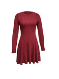 Ribbed Knit Long Sleeve Dress, Casual Crew Neck Knit A-line Dress, Women's Clothing