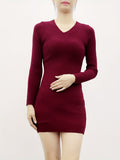 Solid Knit Sweater Dress, Elegant V Neck Long Sleeve Bodycon Dress For Fall & Winter, Women's Clothing