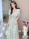 Short Sleeve For Spring & Summer Floral Print Shirred Waist Dress, Casual Women's Clothing