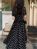 Polka-dot Print V-neck Aline Dress, Elegant Puff Sleeve Dress For Spring & Summer, Women's Clothing