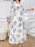 Stunning Floral Print Square Neck A-line Maxi Dress - Women's Elegant Long Sleeve Dresses for Spring & Fall - Comfortable, Flowy, and Versatile Clothing for Various Occasions