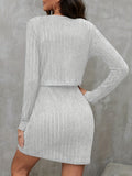 Two-piece Set, Long Sleeve Ribbed Solid Button Front Cardigan & Spaghetti Strap Bodycon Dress Outfits for Women