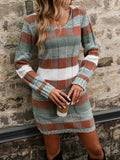 Vibrant Multicolor Striped V-Neck Long Sleeve Knitted Sweater Dress - Soft, Stylish, and Cozy with Patched Pockets and Above Knee Length - Perfect for Women's Casual Daily Wear and Outdoor Activities