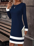 Striped Crew Neck Dress, Elegant Long Sleeve Slim Fit Dress For Spring & Fall, Women's Clothing