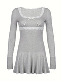 Y2K-Inspired Cotton Knit Dress: Elegant Lace, Crew Neck, Ruffle Hem - Perfect for Spring/Fall, Comfort Fit