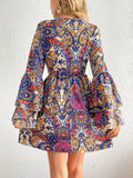 Paisley Print Layered Dress, Boho V Neck Long Sleeve Pleated Dress, Women's Clothing