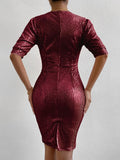 Glitzy Sequin Evening Dress - Flattering V Neck, Half Sleeves, Side Split - Glamorous Party & Clubwear for Women