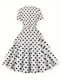 Vibrant Polka Dot A-Line Dress - Elegant Square Neck, Short Sleeve, Micro Elastic Polyester Fabric, Belted, Machine Washable, Random Print, All-Season Party Dress for Women