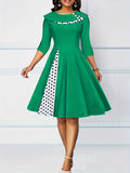 Vintage Retro Polka Dot A-line Dress - Flattering 3/4 Sleeves, Comfortable Casual Style - Feminine & Timeless Fashion for Women