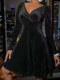 Plus Size Solid Velvet Swing Cinched Waist Dress - Elegant Long Sleeve V Neck, Flattering Fit for Spring & Fall, Women's Comfortable Clothing for Curvy Figures