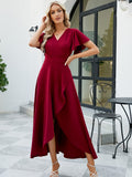 Vibrant Solid Color Ruffled Tulip Hem Dress - Elegant Surplice Neck, Delicate Sleeve Details, Flowy Design for Women - Perfect for Spring and Summer Seasons