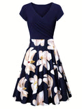 Charming Floral Print V-Neck Dress - Stylish & Flowy Short Sleeve Style - Perfect for Spring & Summer - Womens Casual to Formal Wear