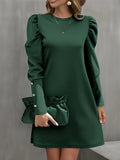 Solid Crew Neck Dress, Elegant Puff Sleeve Button Decor Dress, Women's Clothing