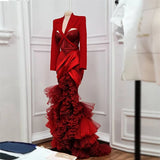 Zjkrl  -  Unique Design Red Evening Gowns Satin Long Sleeves Tulle Ruffles Mermaid Prom Dresses Tiered Sweep Train Formal Party Dress