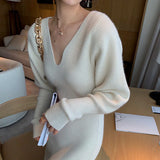 Zjkrl  -  Elegant Long White Knitting Dress Women Winter V-Neck Long Sleeve Bodycon Dress Korean Office Lady High Waist Vintage Dress