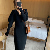 Zjkrl  -  Elegant Long White Knitting Dress Women Winter V-Neck Long Sleeve Bodycon Dress Korean Office Lady High Waist Vintage Dress