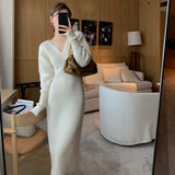 Zjkrl  -  Elegant Long White Knitting Dress Women Winter V-Neck Long Sleeve Bodycon Dress Korean Office Lady High Waist Vintage Dress