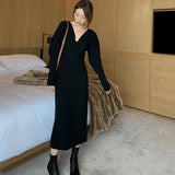 Zjkrl  -  Elegant Long White Knitting Dress Women Winter V-Neck Long Sleeve Bodycon Dress Korean Office Lady High Waist Vintage Dress