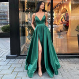 Zjkrl  -  Sexy V Neck Satin Evening Dresses Spaghetti Strap Side Slit Prom Dress High Waist Evening Gowns Party Dress Robe de soiree