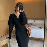 Zjkrl  -  Elegant Long White Knitting Dress Women Winter V-Neck Long Sleeve Bodycon Dress Korean Office Lady High Waist Vintage Dress