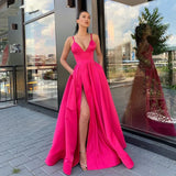 Zjkrl  -  Sexy V Neck Satin Evening Dresses Spaghetti Strap Side Slit Prom Dress High Waist Evening Gowns Party Dress Robe de soiree