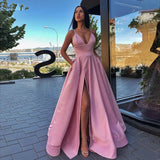 Zjkrl  -  Sexy V Neck Satin Evening Dresses Spaghetti Strap Side Slit Prom Dress High Waist Evening Gowns Party Dress Robe de soiree