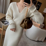 Zjkrl  -  Elegant Long White Knitting Dress Women Winter V-Neck Long Sleeve Bodycon Dress Korean Office Lady High Waist Vintage Dress