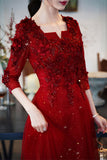 Wine Red Evening Dresses With 3/4 Sleeves Luxury Appliques A-line Floor-length Women Formal Gowns For Wedding Long