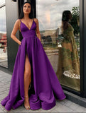 Zjkrl  -  Sexy V Neck Satin Evening Dresses Spaghetti Strap Side Slit Prom Dress High Waist Evening Gowns Party Dress Robe de soiree