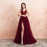 Zjkrl  -  Sexy Tulle Long Prom Dresses New Arrival Beaded Split A-Line V-Neck Special Occasion Evening Party Gown