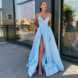 Zjkrl  -  Sexy V Neck Satin Evening Dresses Spaghetti Strap Side Slit Prom Dress High Waist Evening Gowns Party Dress Robe de soiree