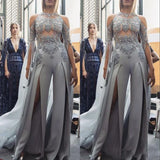 Zjkrl  -  Jumpsuit Evening Dresses  Silver Jewel Lace Appliques Long Sleeves Split Front Formal Vestidos De Prom Party Gowns