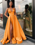 Zjkrl  -  Sexy V Neck Satin Evening Dresses Spaghetti Strap Side Slit Prom Dress High Waist Evening Gowns Party Dress Robe de soiree