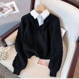 Zjkrl  -  Japanese Lazy Retro Design with Fake Two Sweaters for Autumn and Winter Women's Clothing