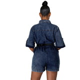 ZJKRL  -  Denim Rompers Womens Jumpsuit Shorts Fashion Turn Down Collar Short Sleeve Big Pockets Denim Playsuits