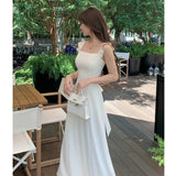 Zjkrl  -  Square Collar Slip Dress Women Summer New Slim Solid Color Backless Elegant Casual High Waist Suspender Long Dresses Ladies