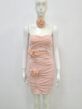 ZJKRL  -  Women Summer Sexy Strapless Mesh Ruched Beige Flower Bodycon Bandage Dress Elegant Party Stage Performance Dress