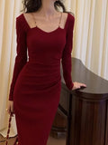 Zjkrl  -  Sexy Women Bodycon Slim Midi Dress Autumn Casual Black Red Evening Party Club Chic Vestidos Female Birthday Robe Clothings