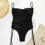 ZJKRL  -  Europe New Drawstring One-piece Swimsuit Female Solid Color Pleated Sexy Strap Bikini Ten Colors