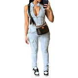 ZJKRL  -  European Fashion Cargo Pant Set Sleeveless Crop Top And Slim Pant Suit Summer Two Pieces Tracksuits