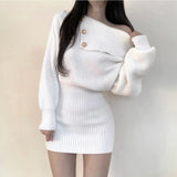 Zjkrl  -  Women Slash Neck Knitted Sexy Dress Solid Buttons Elegant Casual Off Shoulder Long Sleeve Dresses For Female Autumn Winter