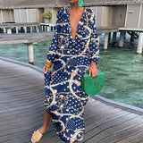 Zjkrl  -  Women Boho Print Loose Beach Dress Elegant Deep V-Neck Maxi Dress Ladies Sexy Long Sleeve Oversized Dresses Robe Longue